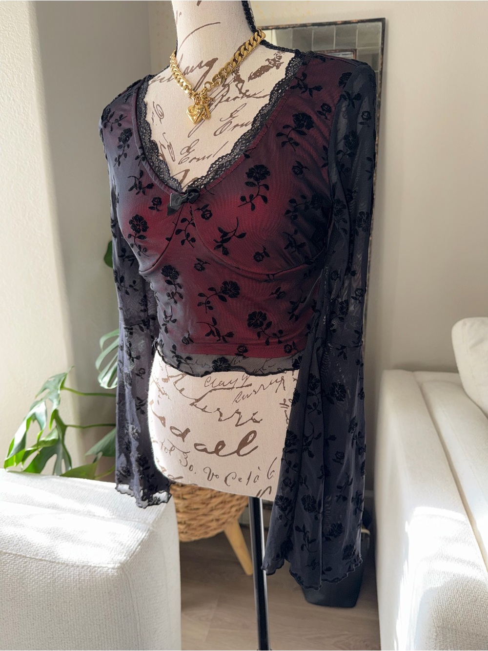 Sheer Black Floral Mesh Wrap Top with Burgundy Lining - Picture 3 of 9